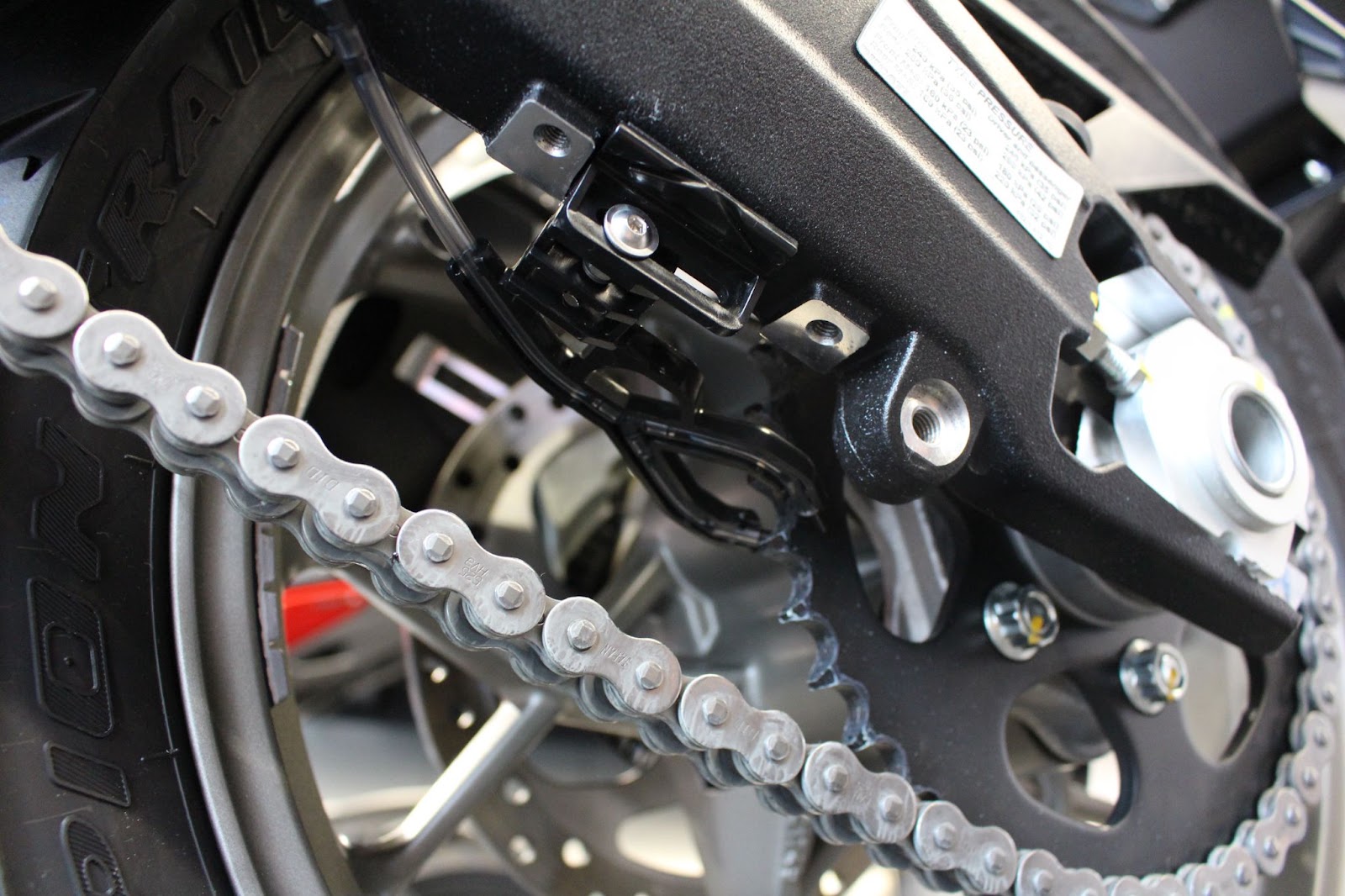 close up of motorcycle rear wheel