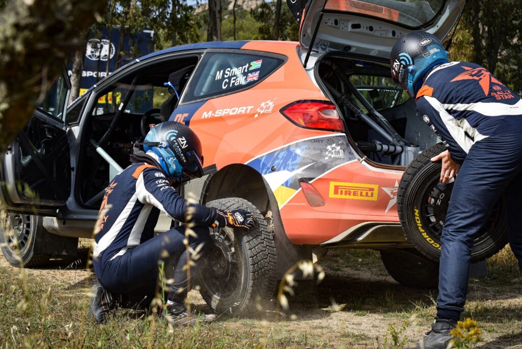Changing the wheel of a rally car in the middle of a stage.