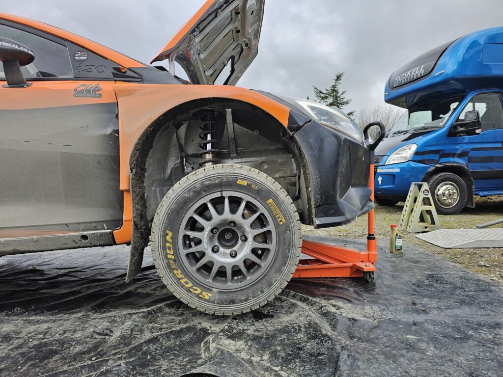 Rally car on jacks.